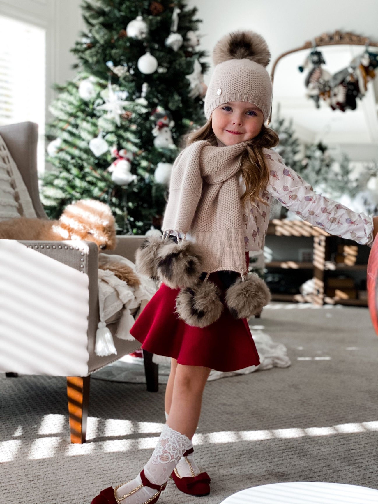 Unisex | Honeycomb Cashmere Beanie with Animal Print Poms | Beige
