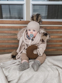 Unisex | Honeycomb Cashmere Beanie with Animal Print Poms | Beige
