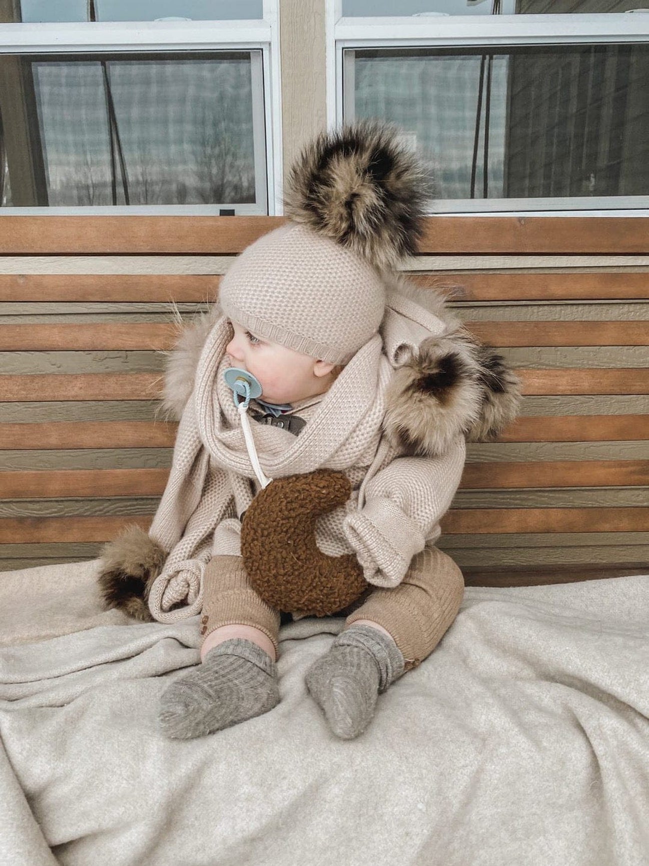 Unisex | Honeycomb Cashmere Beanie with Animal Print Poms | Beige