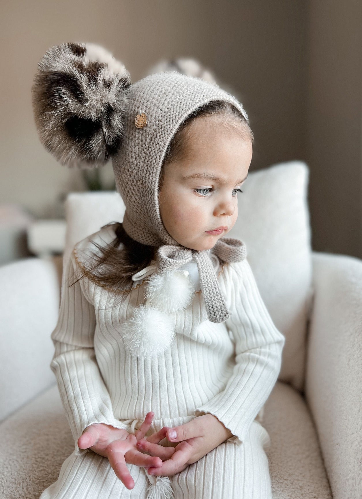 Unisex | Honeycomb Cashmere Bonnet with Animal Print Poms | Beige