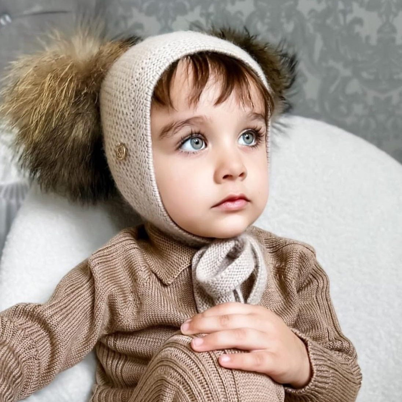 Unisex | Honeycomb Cashmere Bonnet with Poms | Beige
