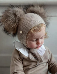 Unisex | Honeycomb Cashmere Bonnet with Poms | Beige