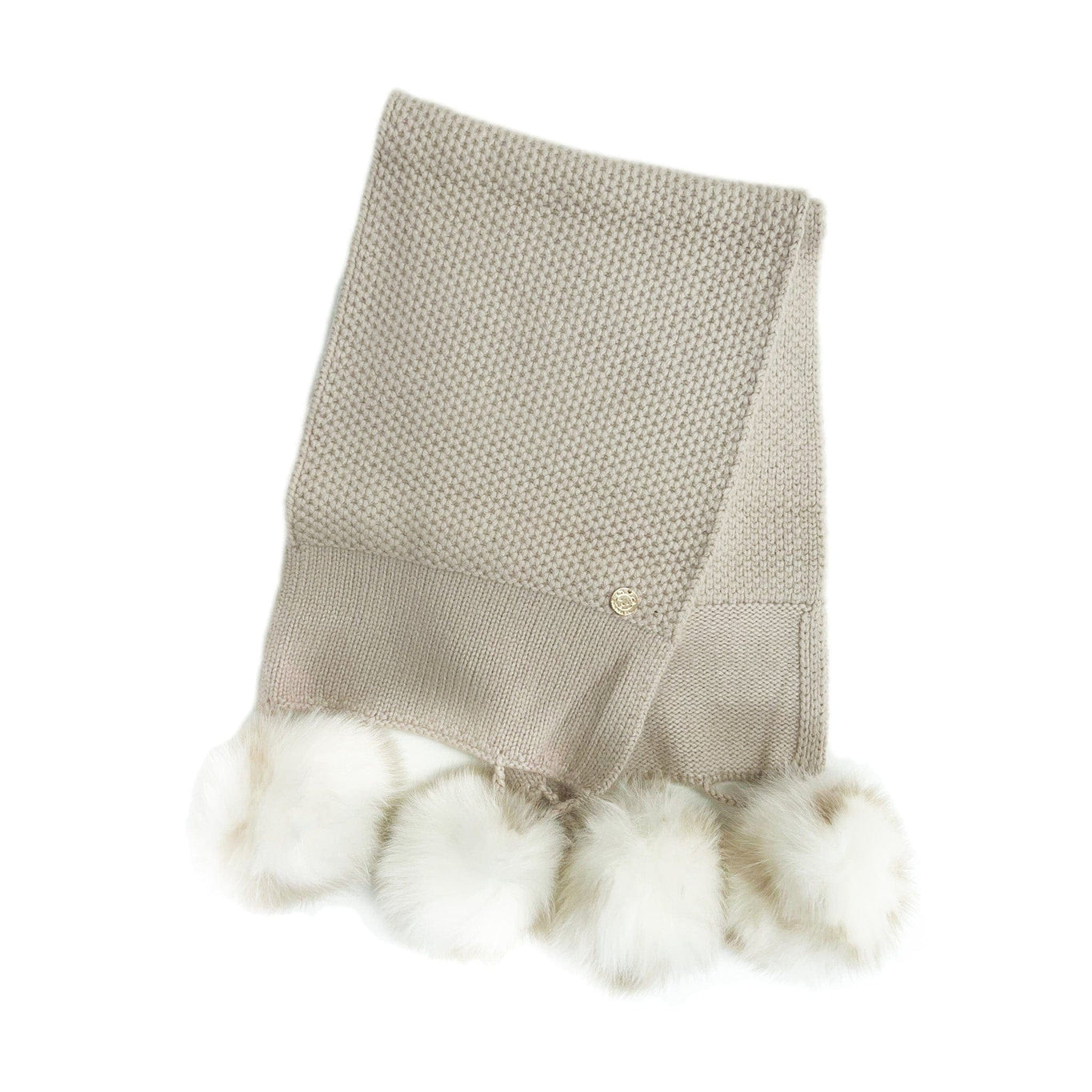 Unisex | Honeycomb Cashmere Fur Pom Scarf White Fur Poms | Beige
