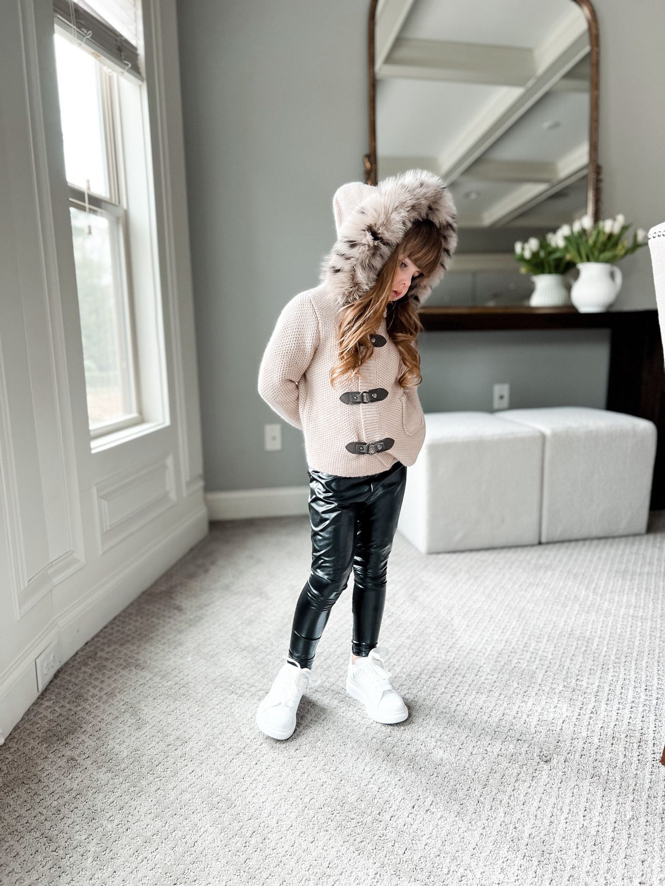 Unisex | Honeycomb Cashmere Pram Coat with Animal Print Trim | Beige