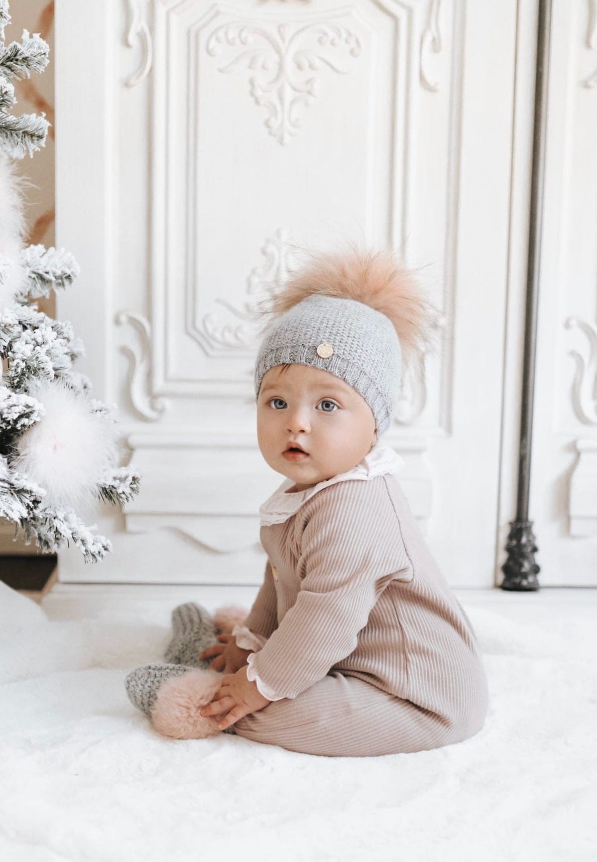 Unisex | Honeycomb Grey Cashmere Beanie Hats Pink Pom | Gray