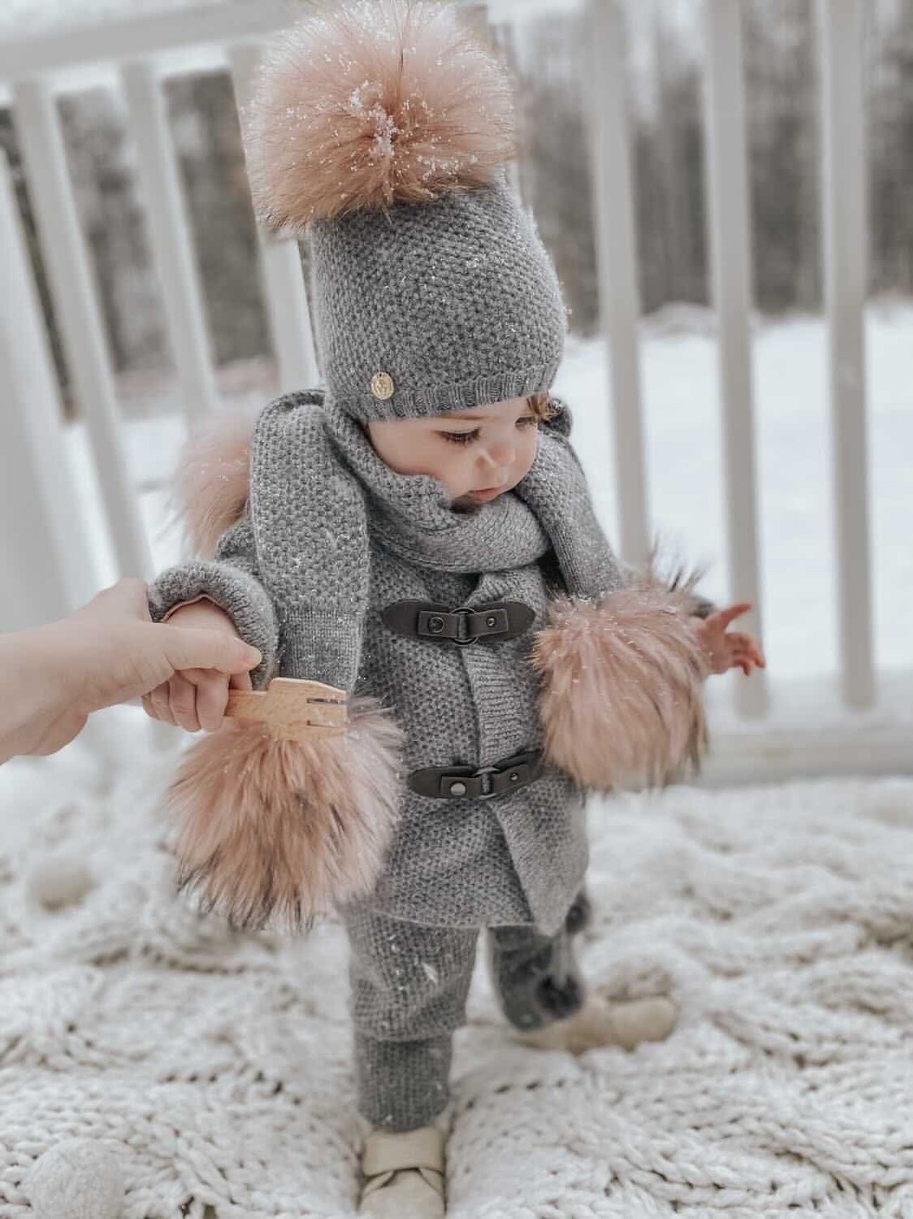 Unisex | Honeycomb Grey Cashmere Pom Scarf Pink Poms | Gray