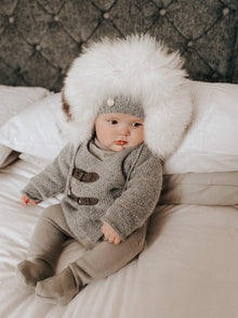 Unisex | Honeycomb Grey Cashmere Pram Coat with White Print Trim | Gray
