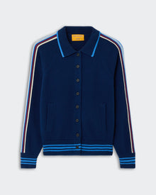 Varsity Jacket - Navy, a deep navy knit jacket with button-down front, featuring contrasting light blue, red, and cream stripes running along the shoulders and sleeves, ribbed collar, cuffs, and hem, and front pockets.