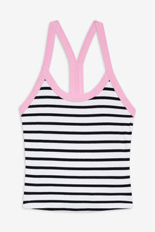 Velma Tank in Vintage Stripe White and Black Stripe with Pink Trim