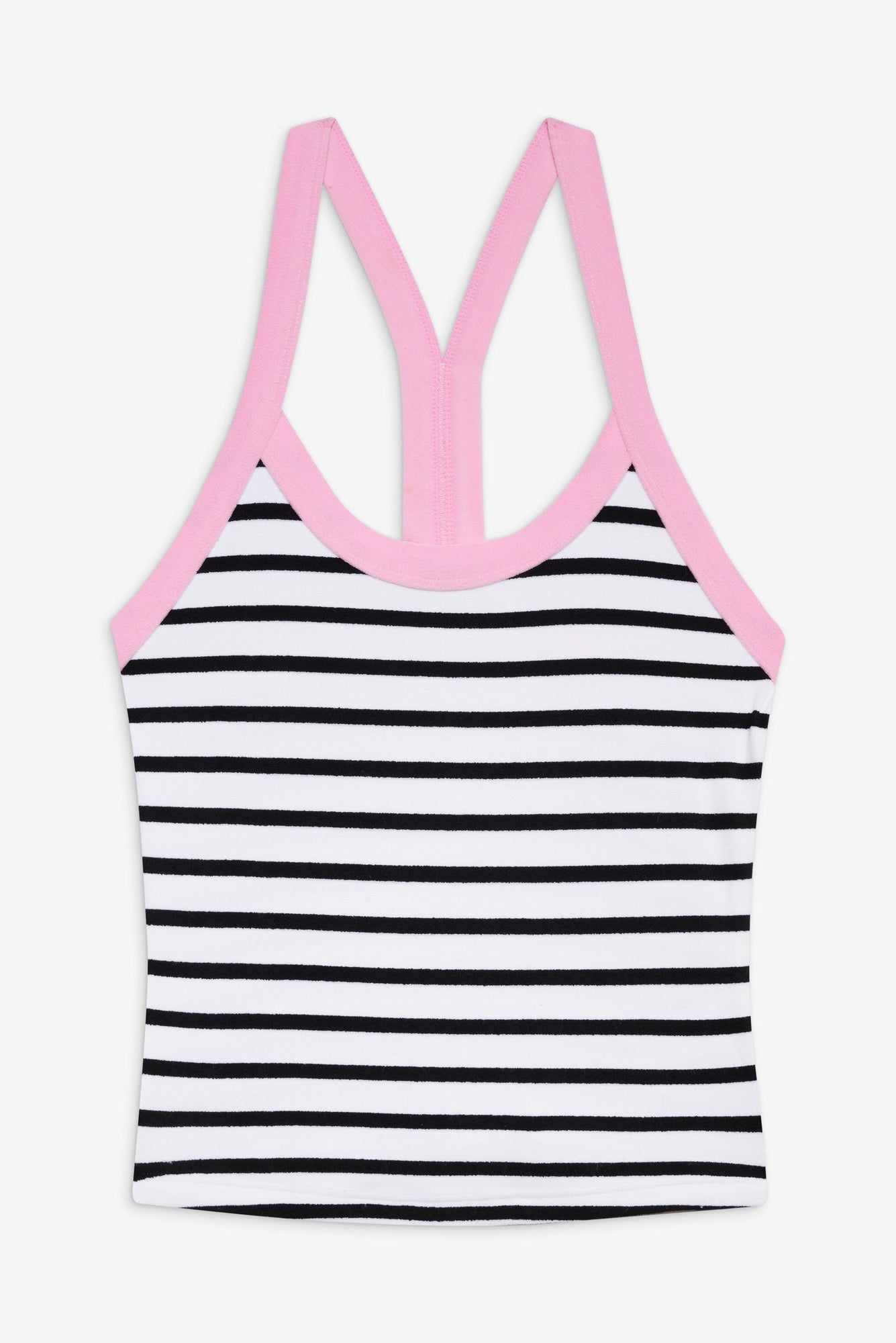 Velma Tank in Vintage Stripe White and Black Stripe with Pink Trim