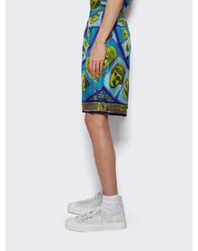 Versace | Men | Twill Silk Mask Print Shorts | Acid Green x Teal