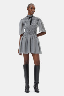 Sheer Fluid Check Mini Smock Dress | Black