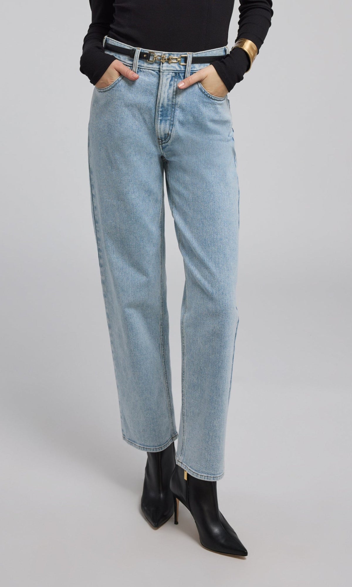 Emmett Denim Pants With Vegan Leather Belt | Light Blue/Black