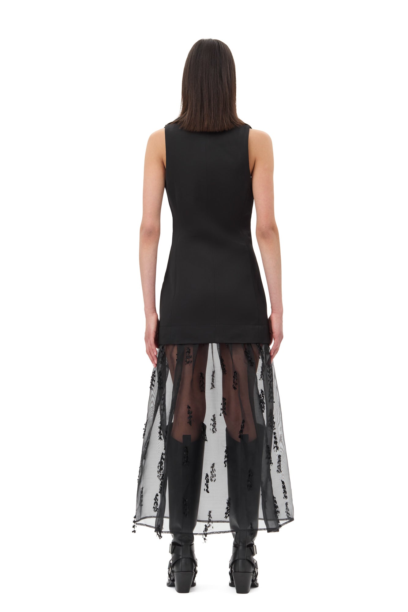 Fringed Organza Long Dress | Black