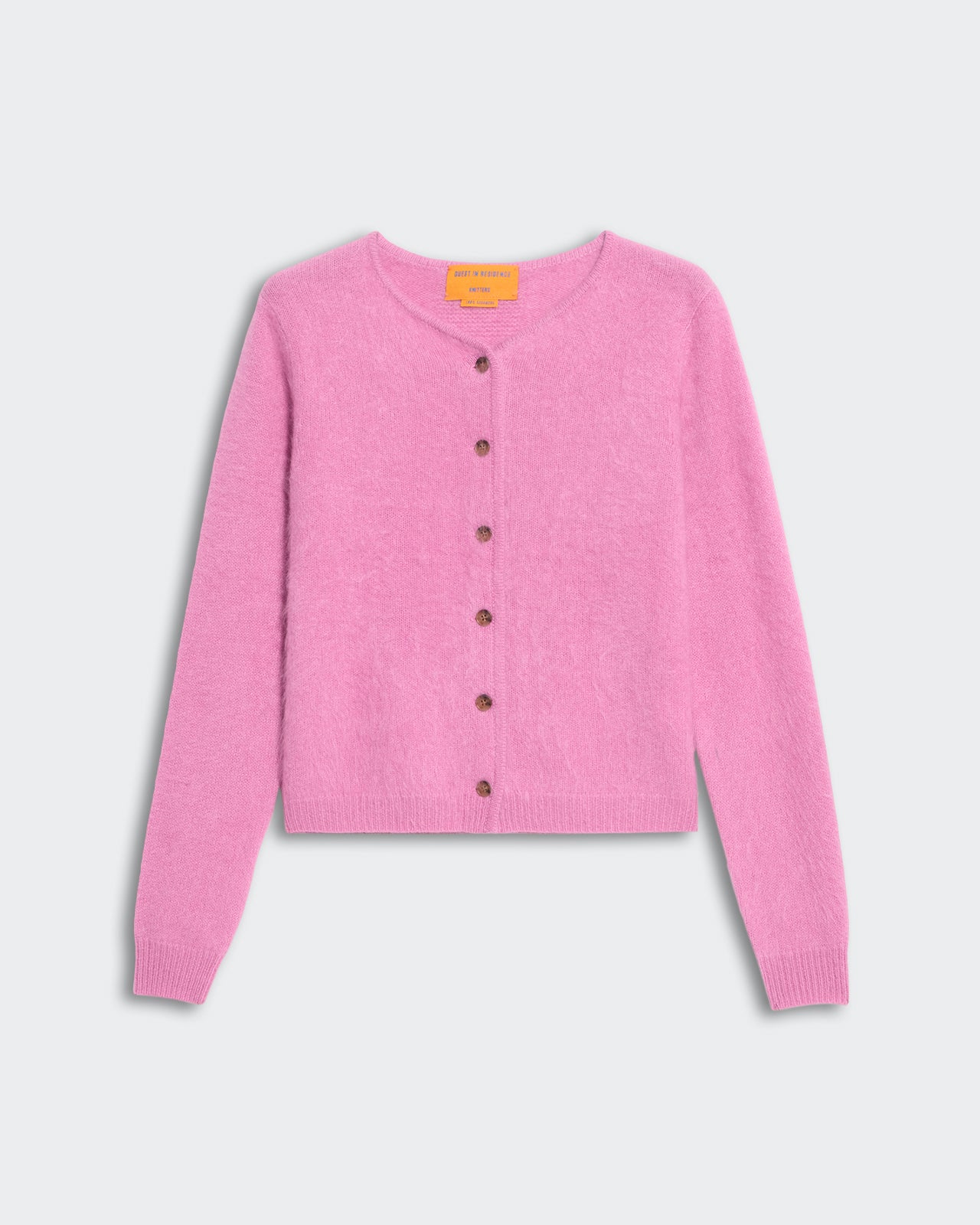 Pink brushed cashmere Grizzly cardigan for women with crew neck and button-down front, medium-weight knit sweater.