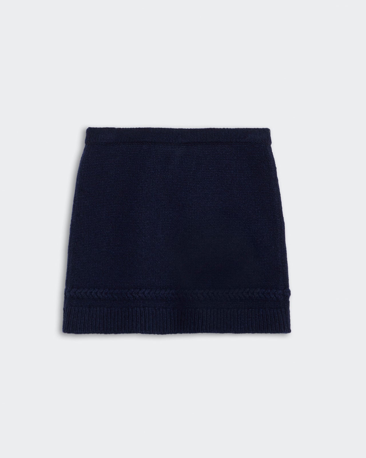 Jean" Mini Skirt - Midnight navy cashmere blend mini skirt with braided knit detail and ribbed hem trim, elastic waistband.