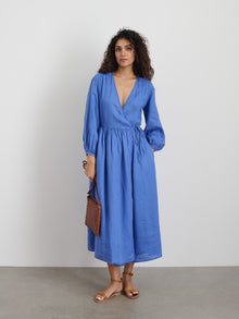 Women | Lauren Wrap Dress In Linen | Ultramarine