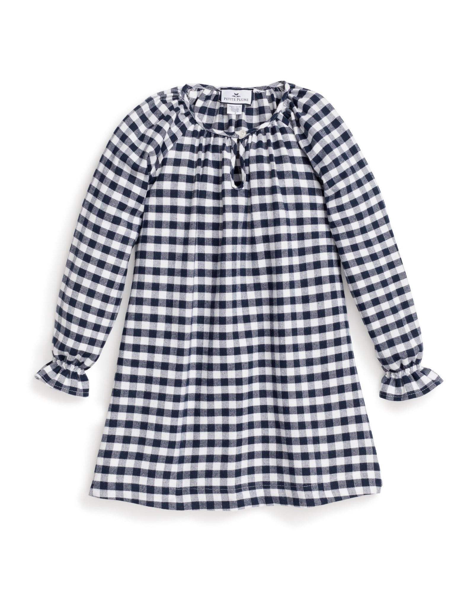 A long-sleeve dress with navy and white gingham print features a gathered neckline with a small tie, ruffled cuffs, and an A-line shape, reminiscent of Petite Plumes Girls Flannel Delphine Nightgown.