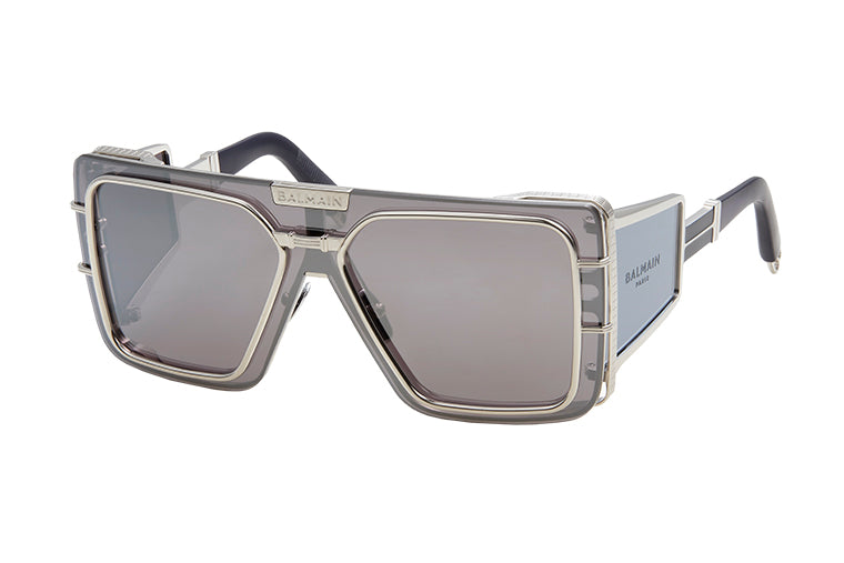 Unisex | Wonder Boy Sunglass | Silver - Shiny Navy - Side Lens w /PB Pattern | Dark Grey w/ Silver Mirror
