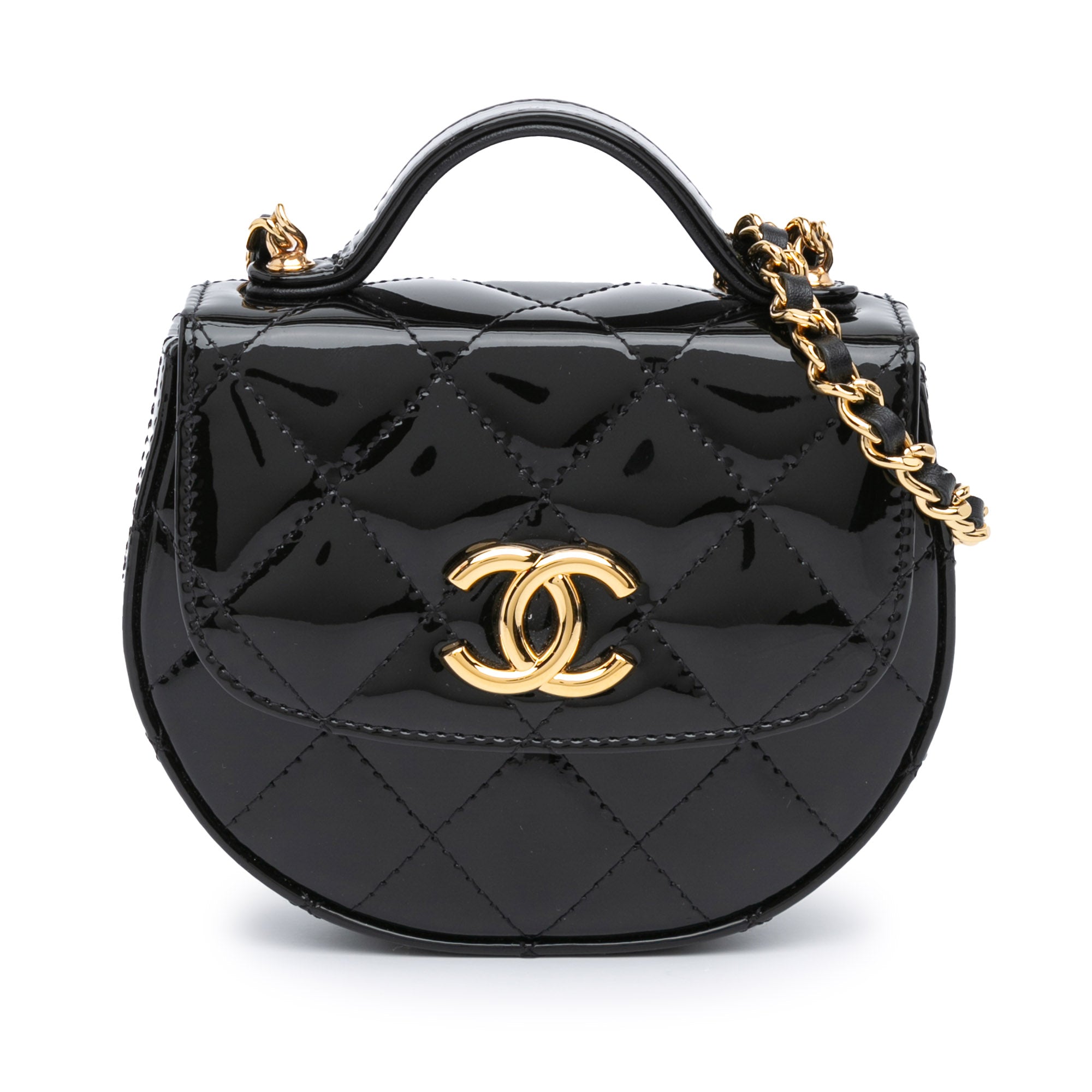 Chanel | Pre-Owned Mini CC Quilted Patent Leather Top Handle Clutch with Chain | Black