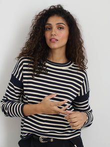 Women | Mariner Striped Rollneck Sweater in Cotton | Navy x Ivory