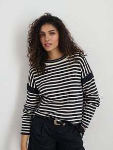 Women | Mariner Striped Rollneck Sweater in Cotton | Navy x Ivory