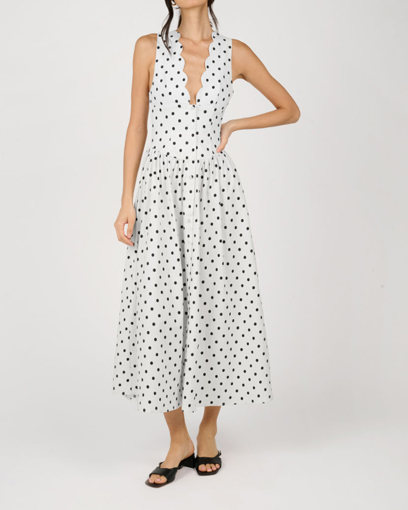 Button Front Scallop Dress | White/Black