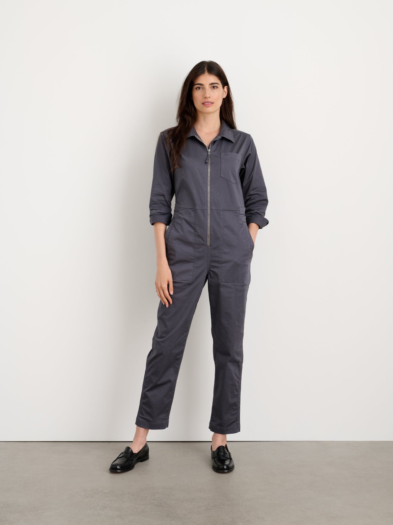 Women | Standard Zip Front Jumpsuit | Cotton Twill Iron Grey