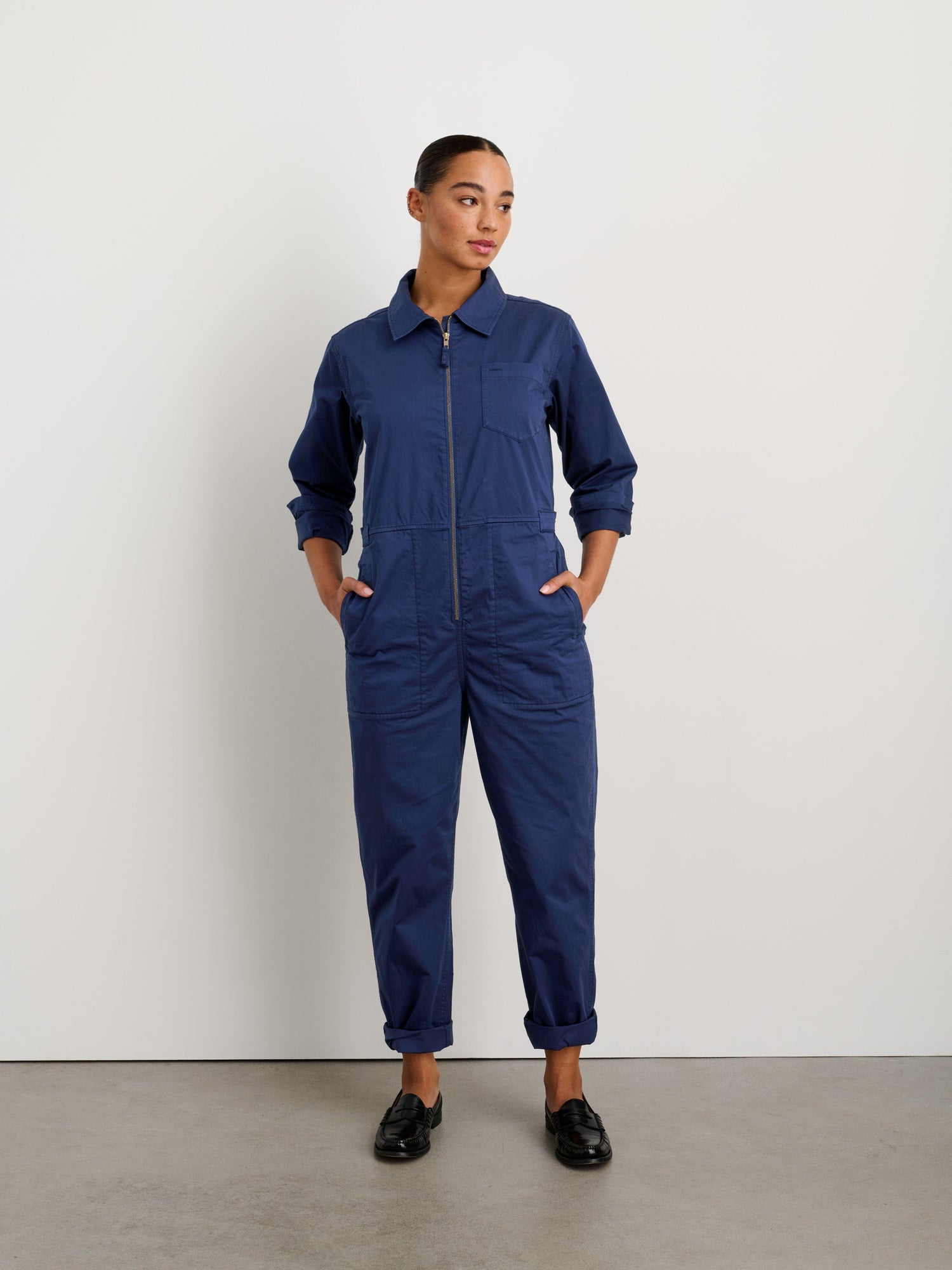 Women | Standard Zip Front Jumpsuit | Cotton Twill Marine Blue
