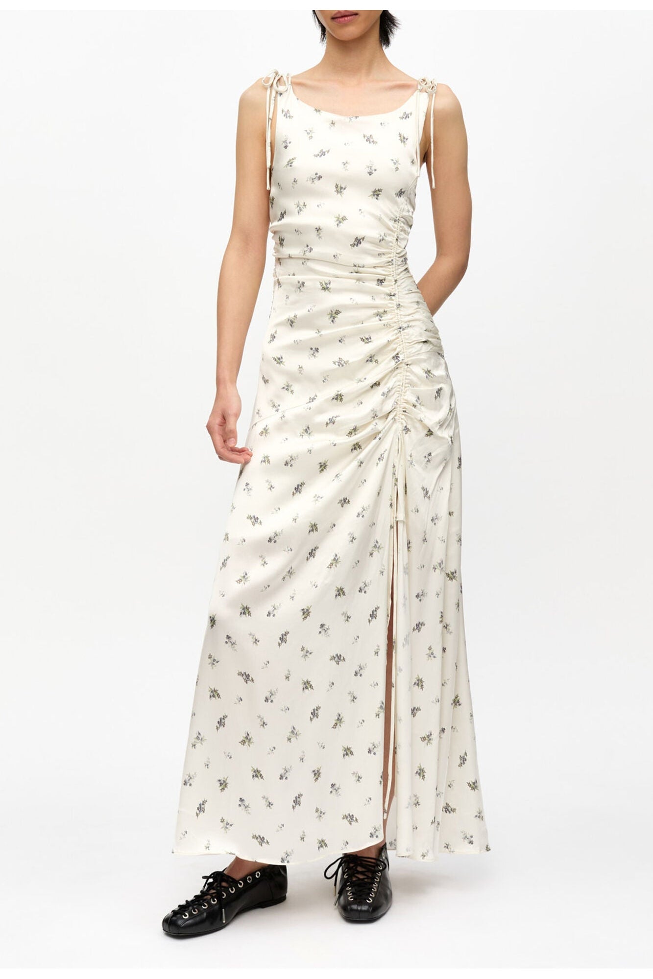 White Satin Gathered Dress | Egret