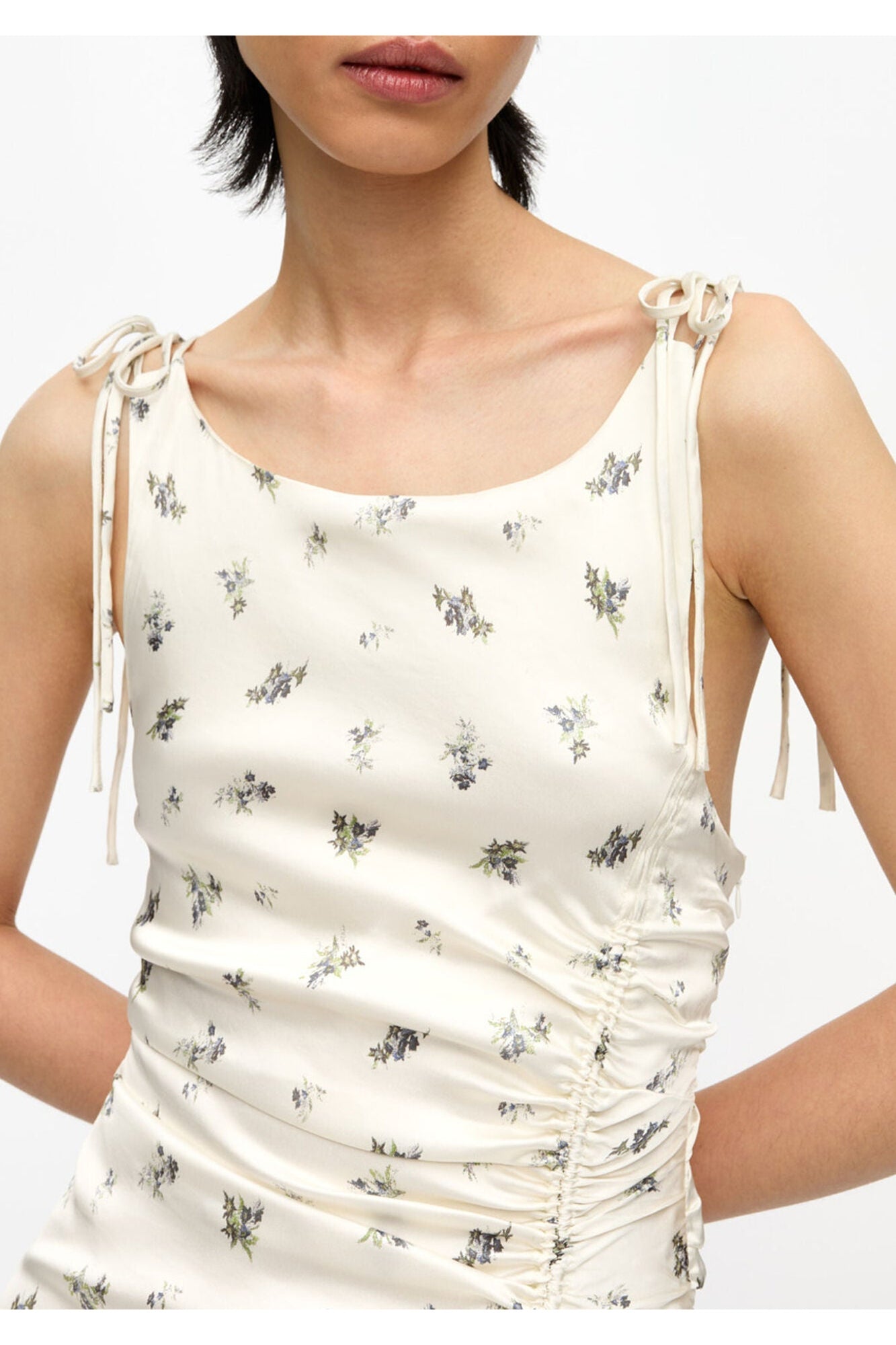 White Satin Gathered Dress | Egret