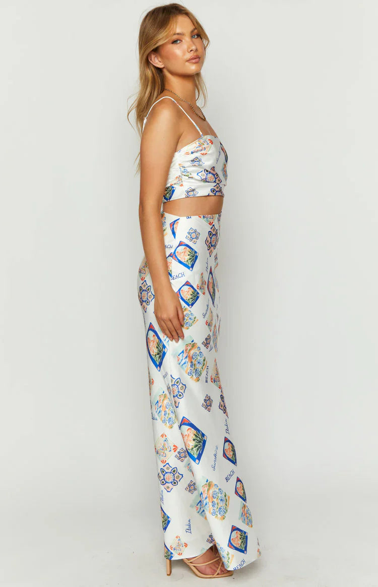 Willa Satin Italia Print Maxi Dress | White
