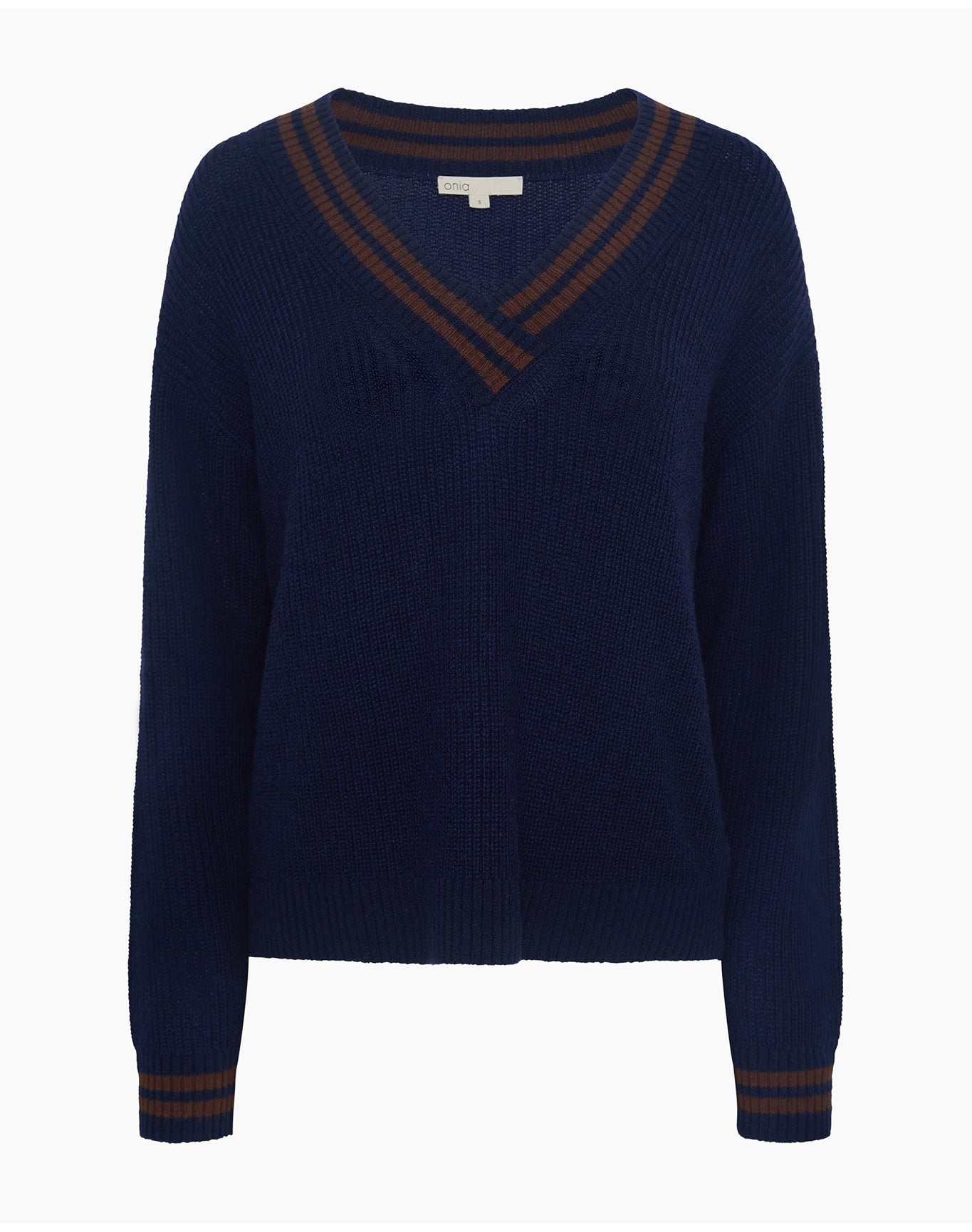 Women | Deep V Neck Varsity Pullover Sweater | Noir Navy Chestnut