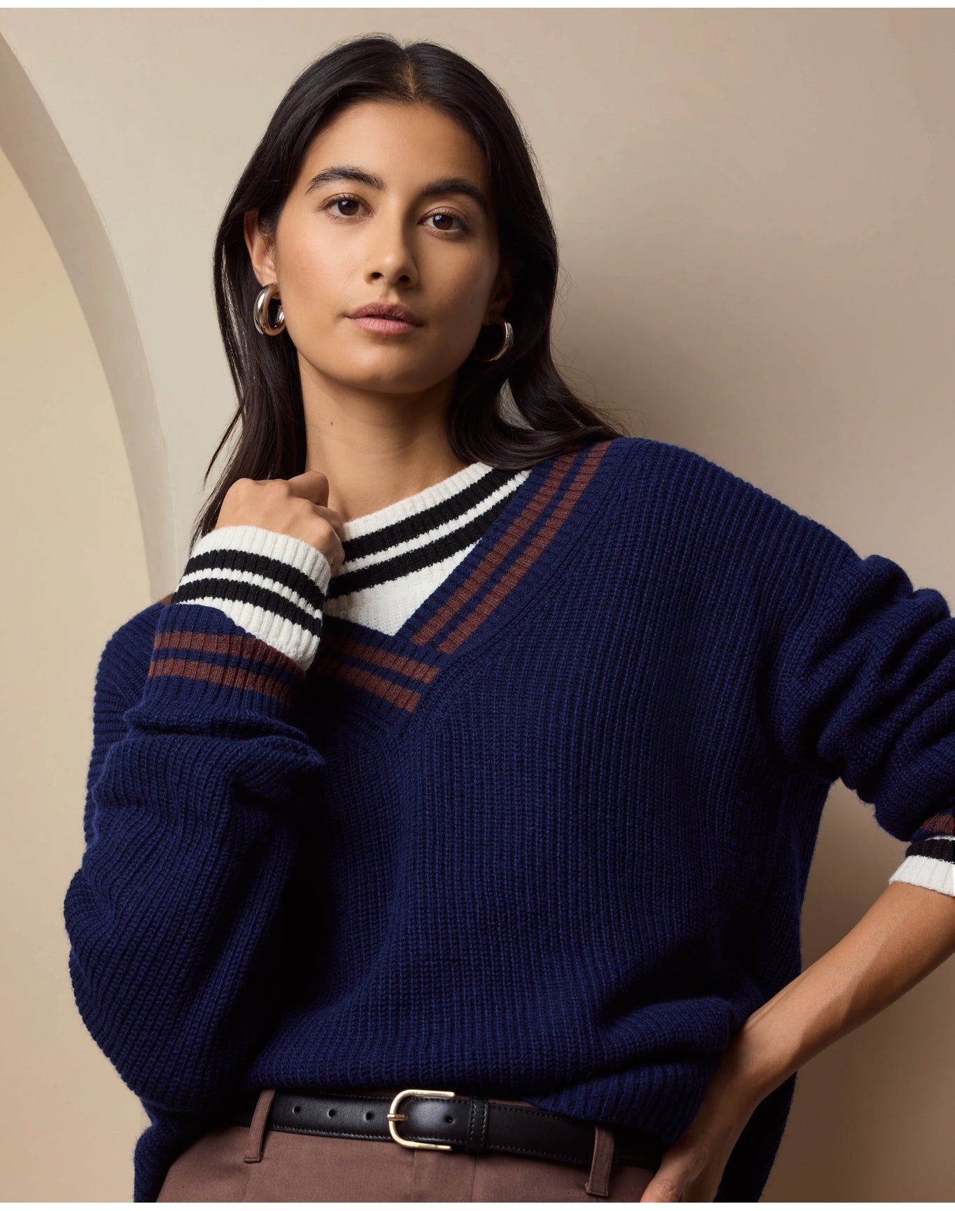 Women | Deep V Neck Varsity Pullover Sweater | Noir Navy Chestnut