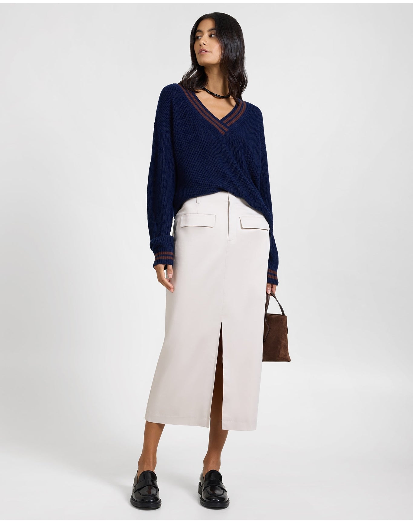 Women | Deep V Neck Varsity Pullover Sweater | Noir Navy Chestnut