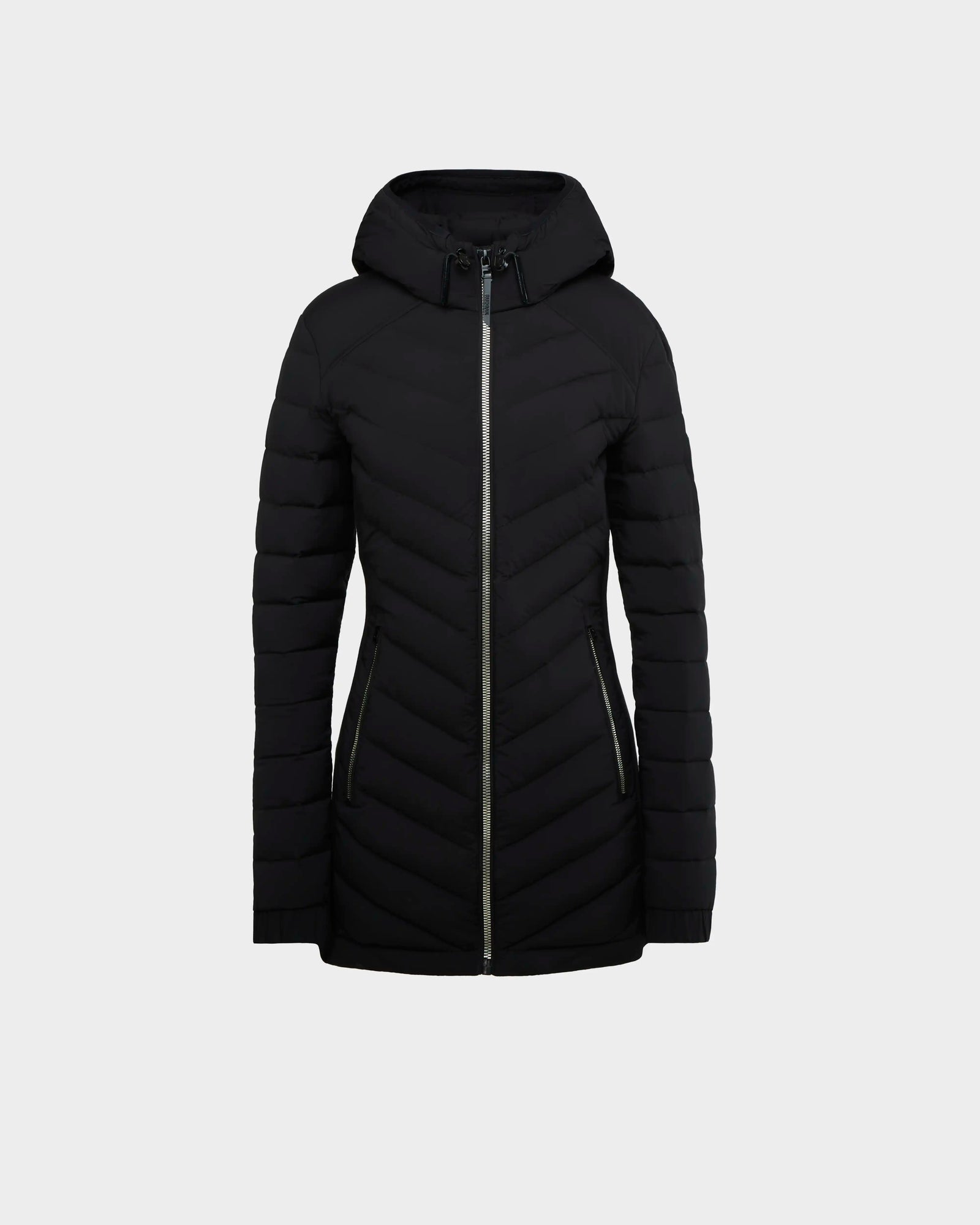 The Rudsak COSETTE - L124004 Black is a women’s fitted, black down jacket with a hood, long sleeves, matte chevron quilting, front zipper, and two zippered side pockets, shown on a plain light gray background.