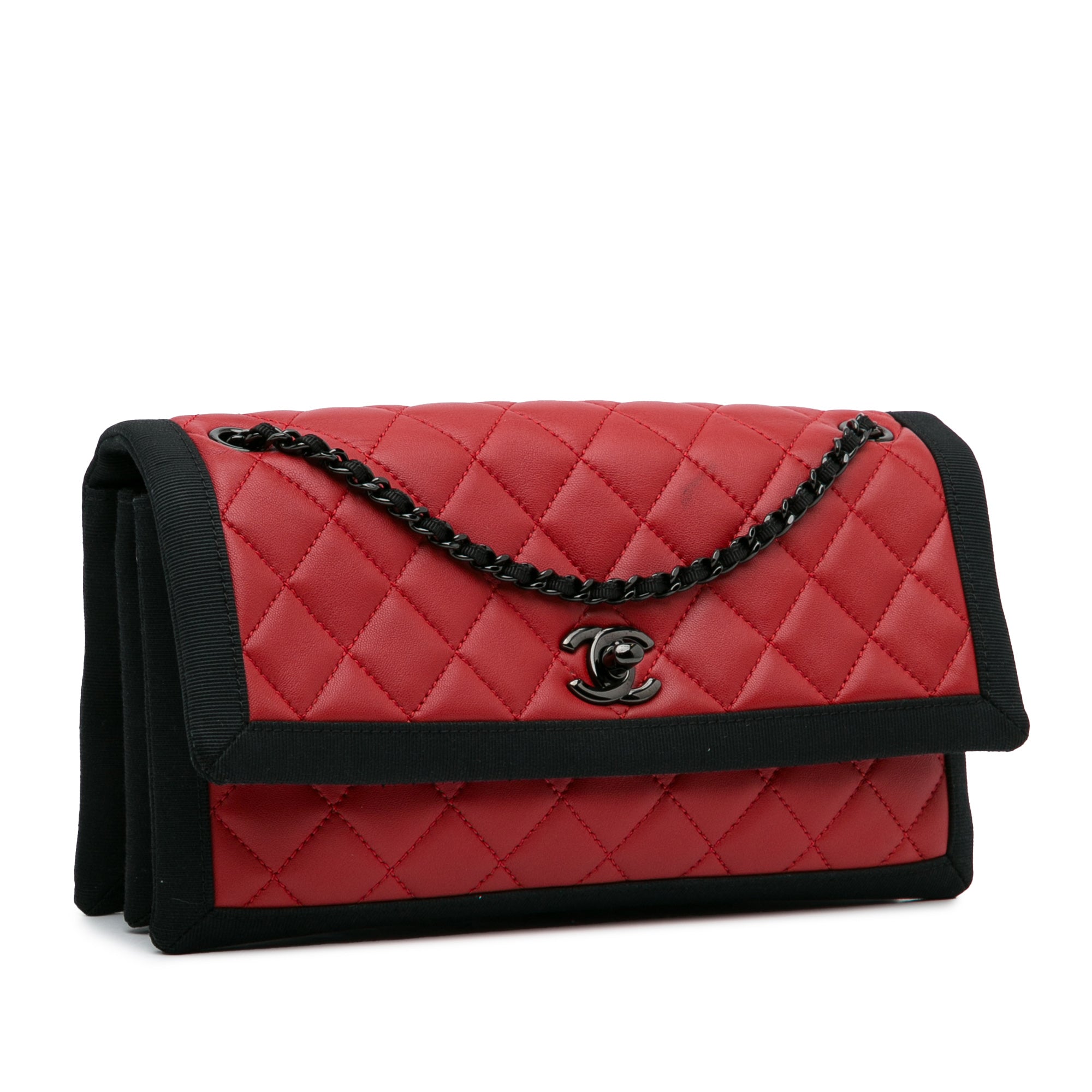 Chanel | Pre-Owned CC Grossgrain trim Lambskin Flap Shoulder Bag | Red