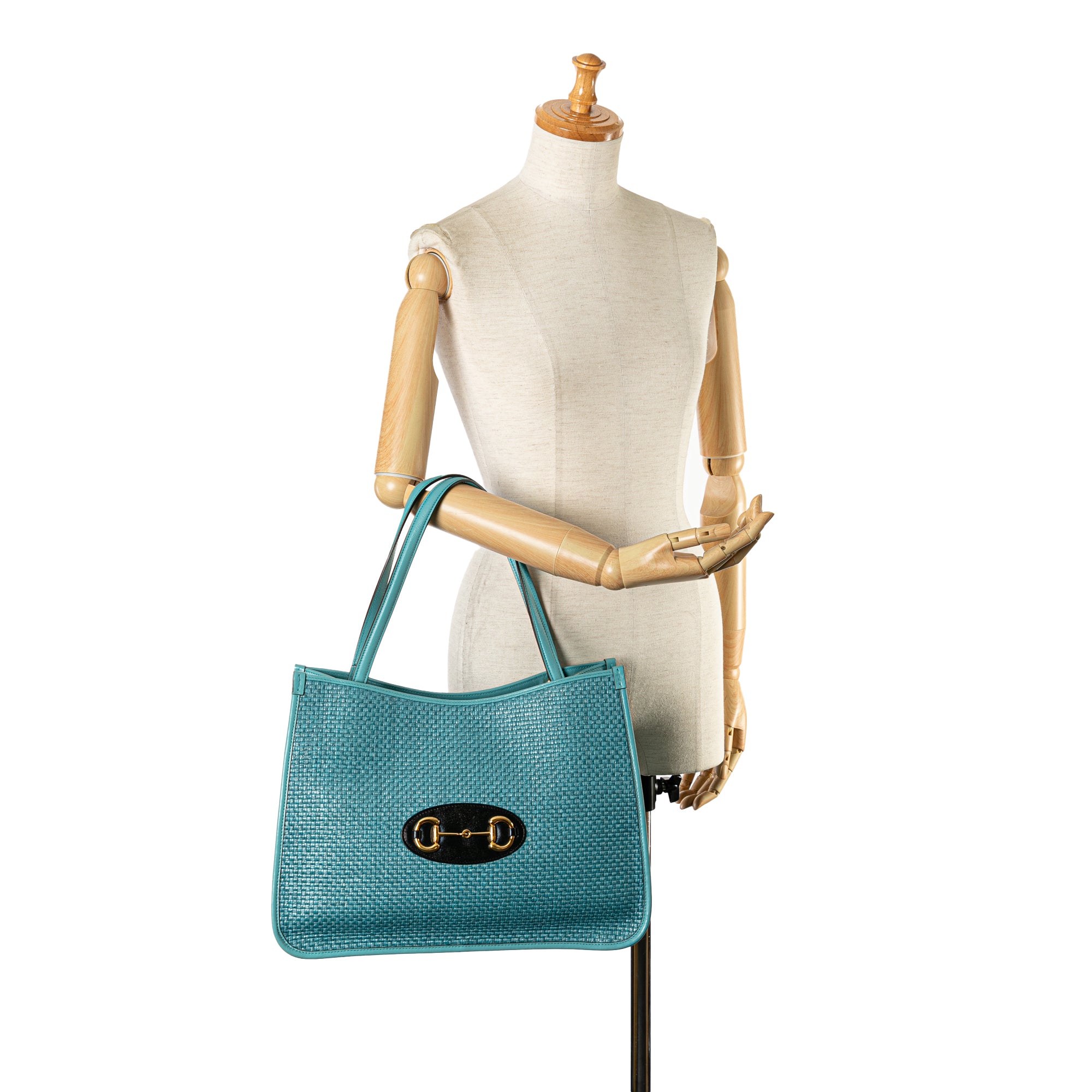 Gucci | Pre-Owned Medium Straw Horsebit 1955 Tote | Blue/Light Blue