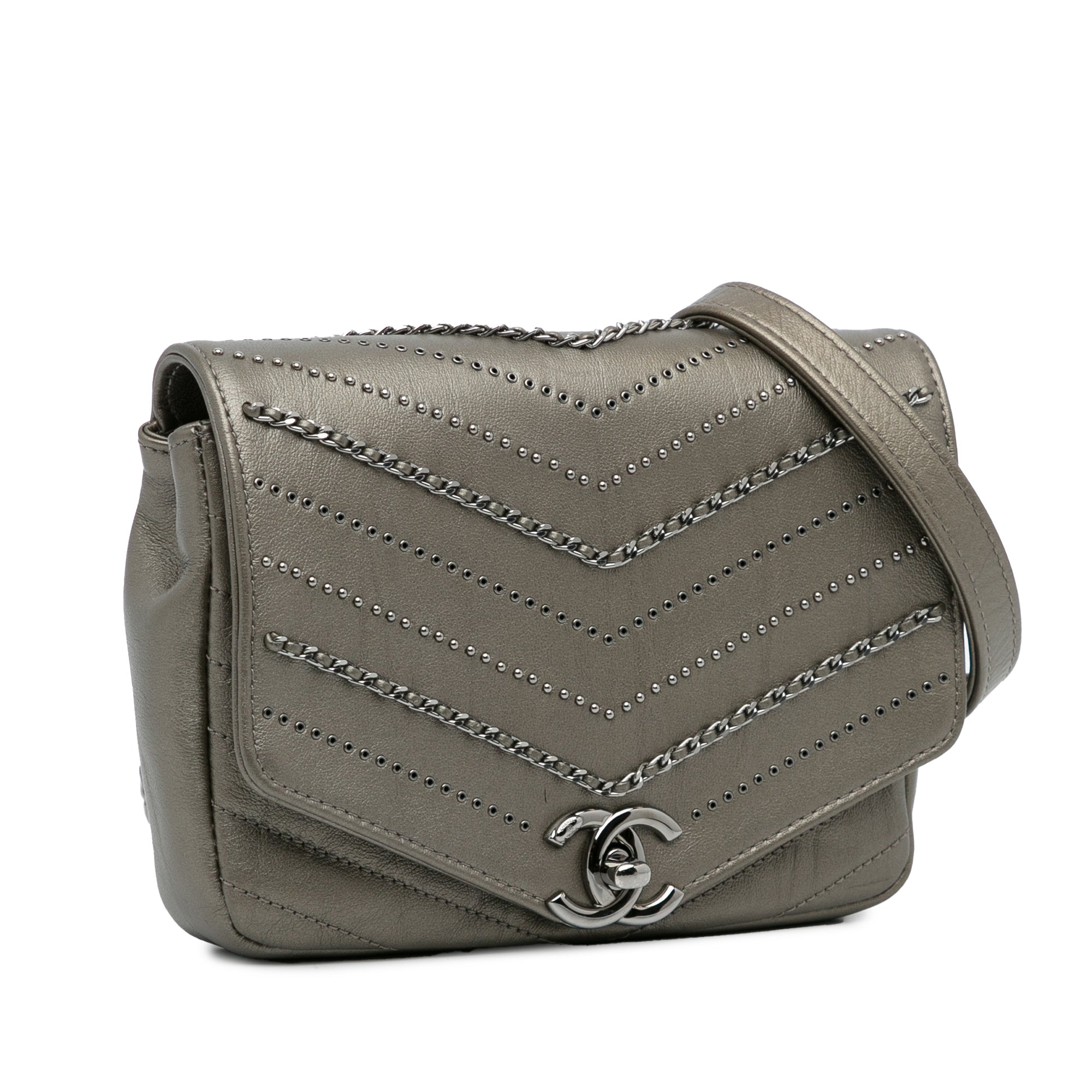 Chanel | Pre-Owned Mini Embellished Calfskin Chevron Square Envelop Flap | Gray