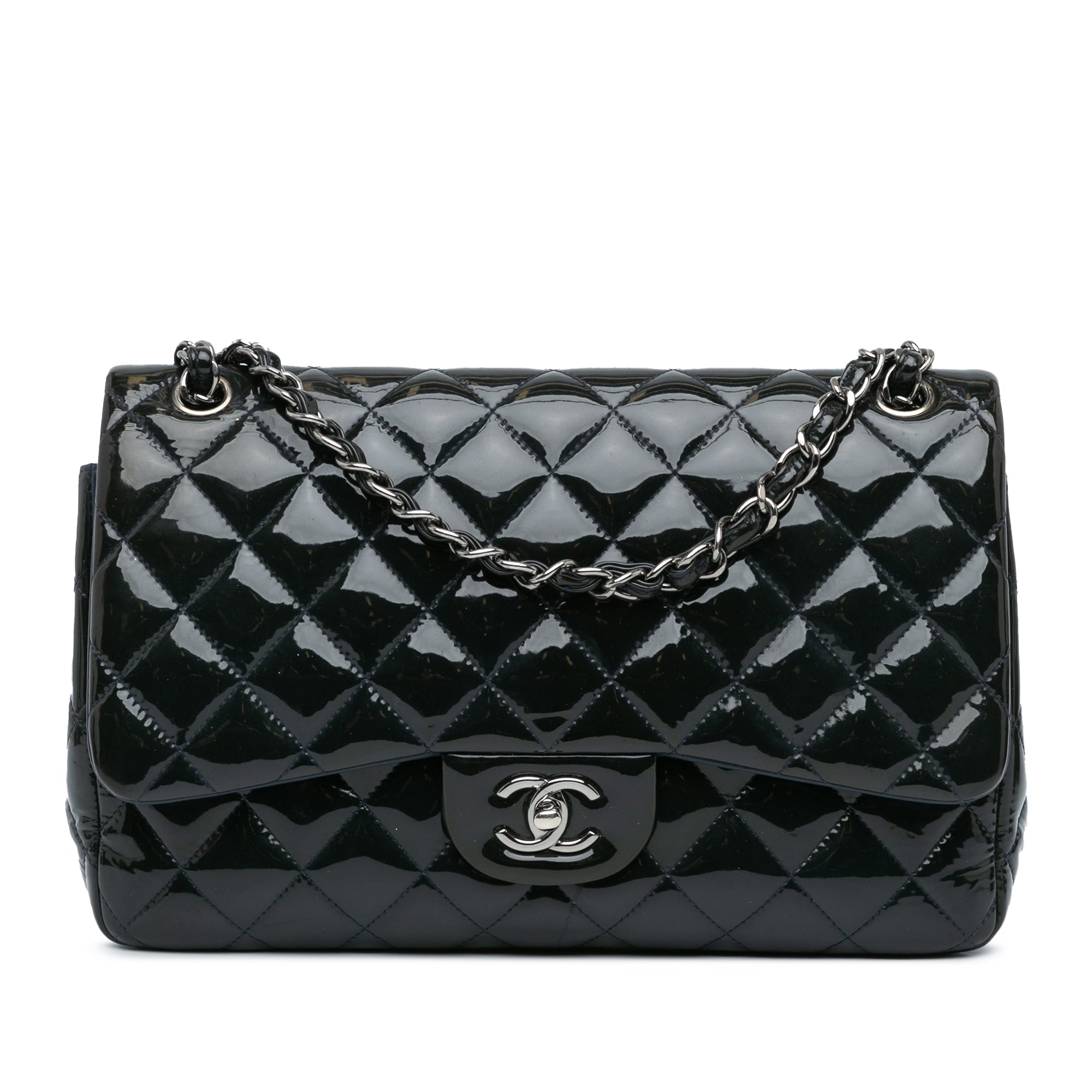 Chanel | Pre-Owned Jumbo Classic Patent Double Flap | Blue/Dark Blue