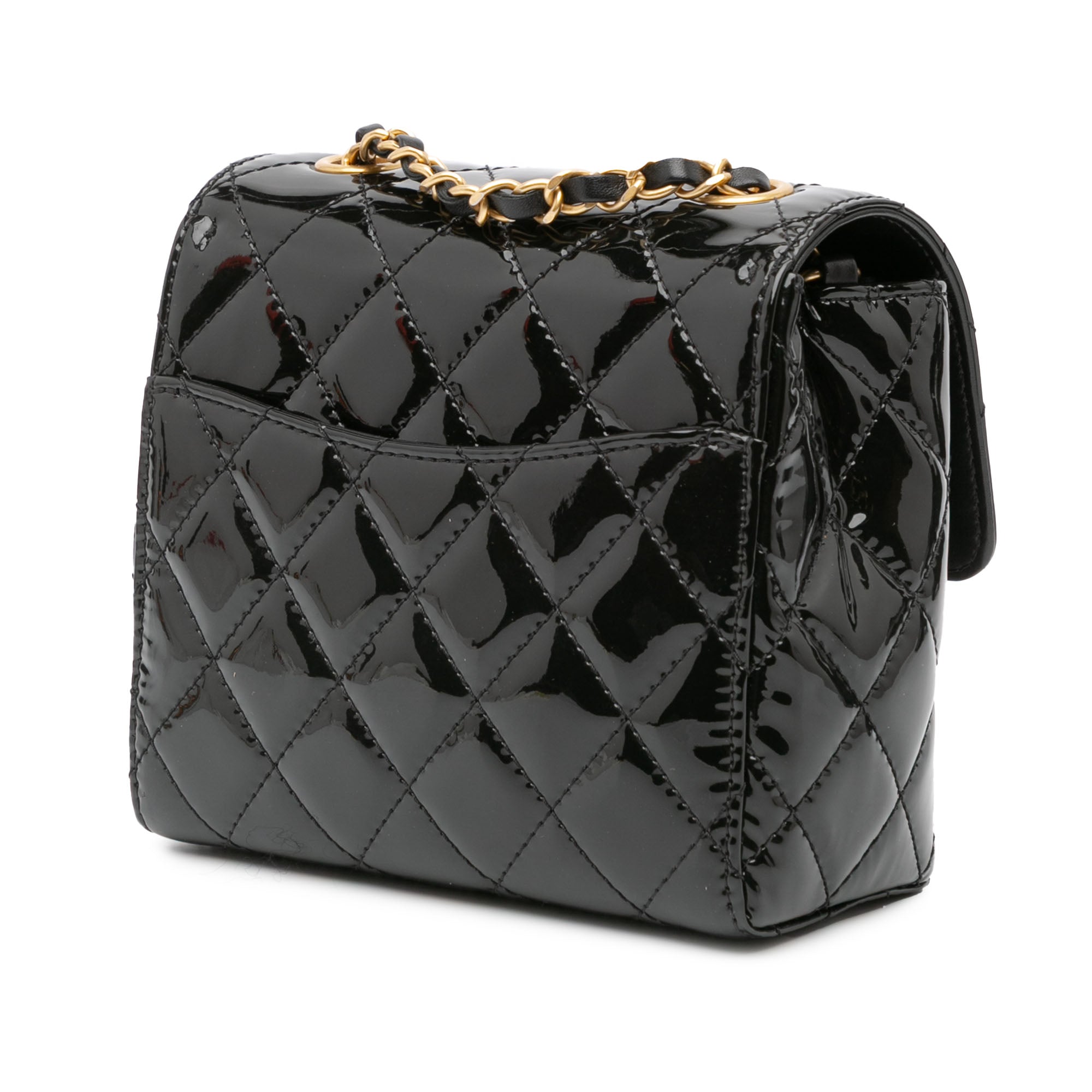 Chanel | Pre-Owned Mini Square Classic Patent Single Flap with Golden Chain Shoulder Strap | Black