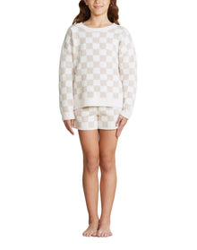Youth | Cozychic Cotton Checkered Pullover | Oatmeal-Cream