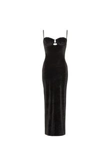 Petal Long Slip Dress | Black Velvet
