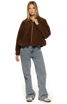 Brookie Suedette Cuff Sleeve Bomber Jacket | Brown