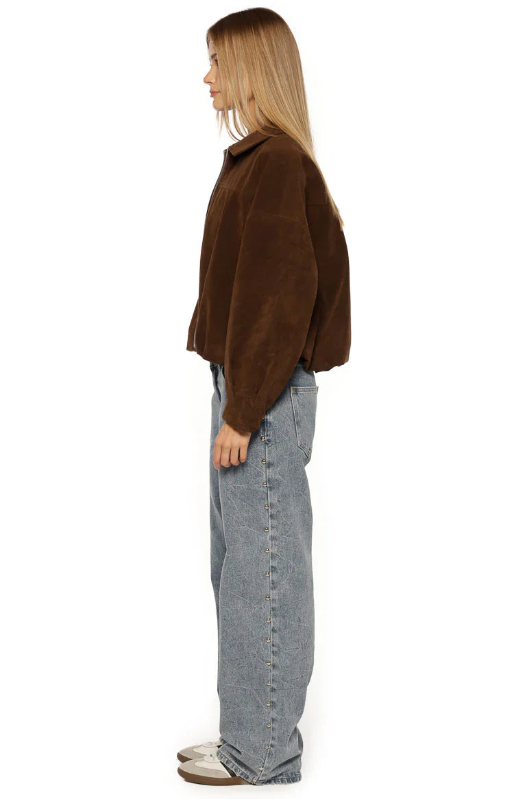 Brookie Suedette Cuff Sleeve Bomber Jacket | Brown