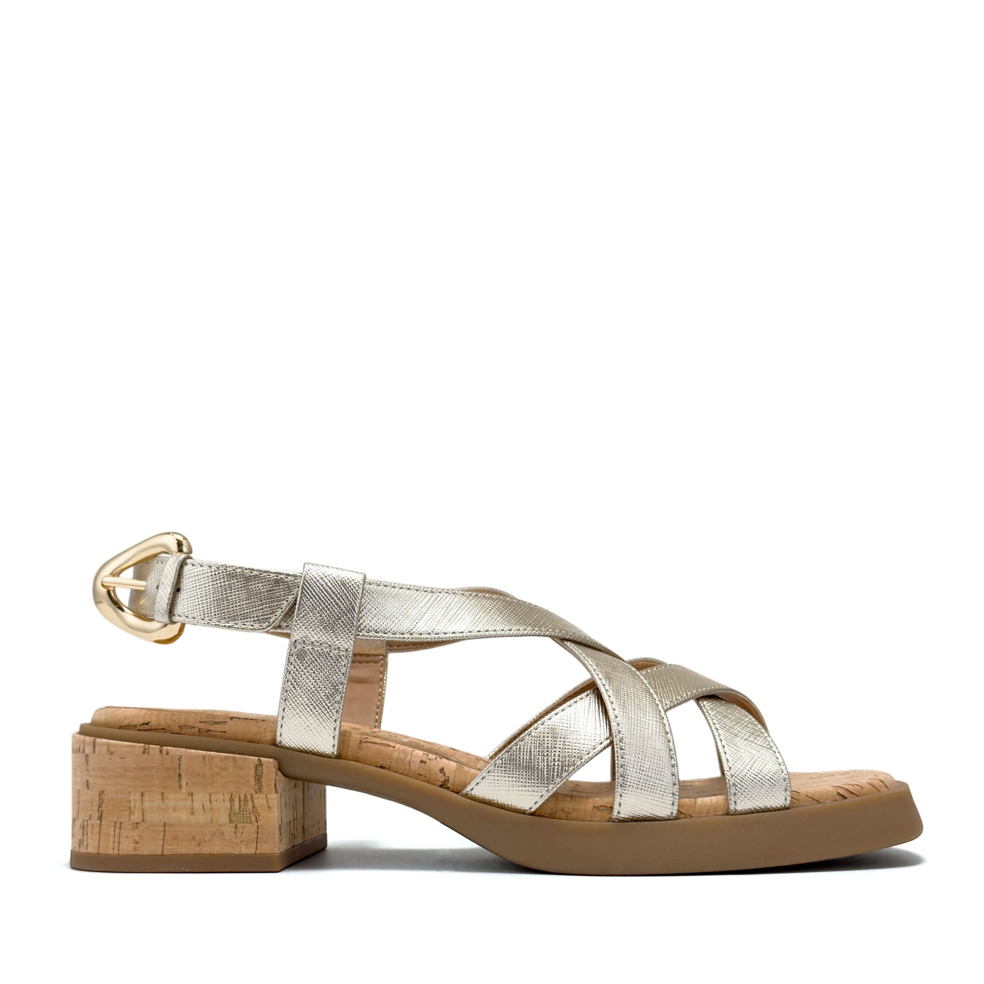 Daily Sandal Block Heel | Soft Gold Faux Saffiano/Cork Heel