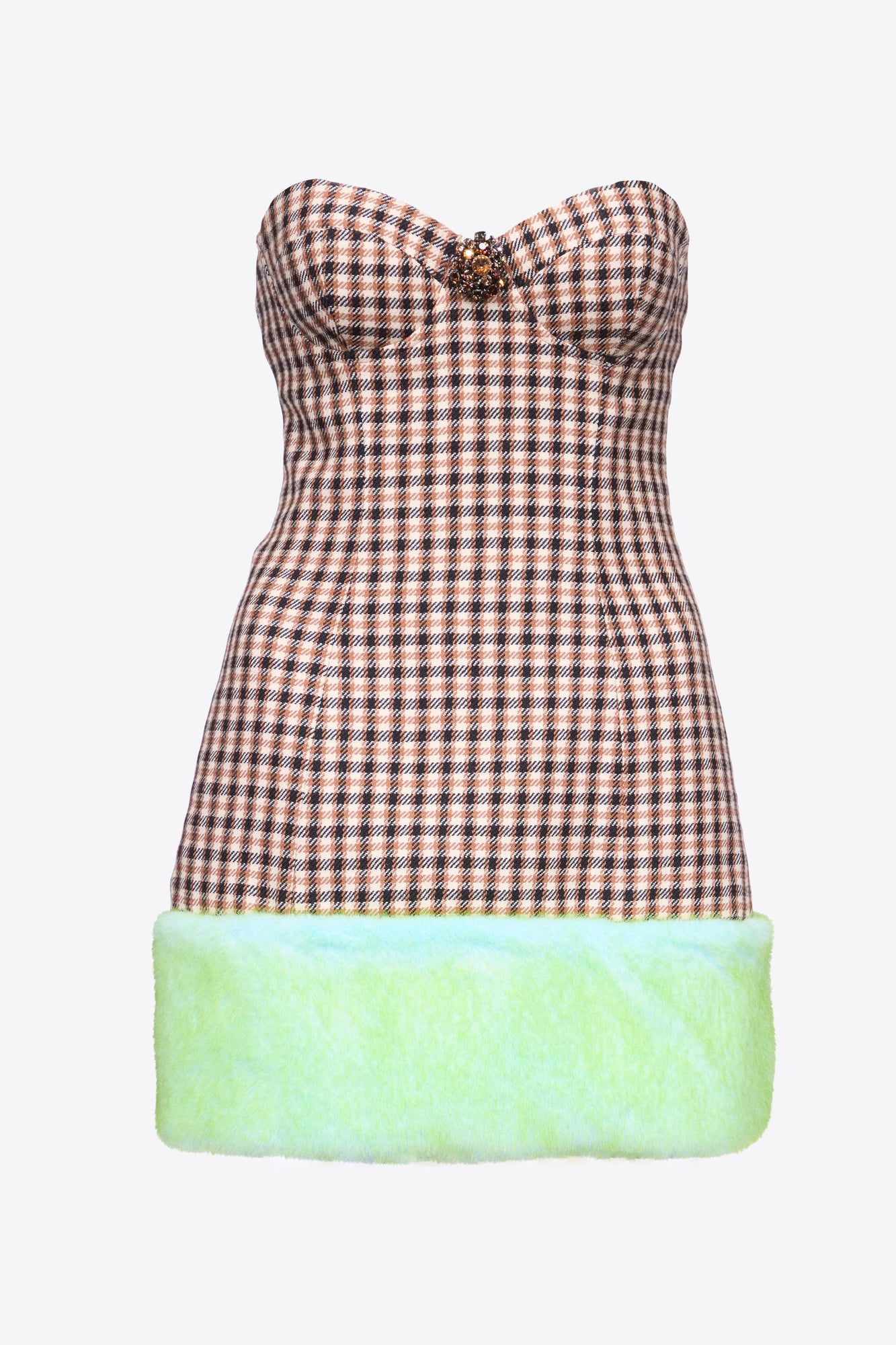 Faux Fur Trim Strapless Mini Dress | Caramel Multi