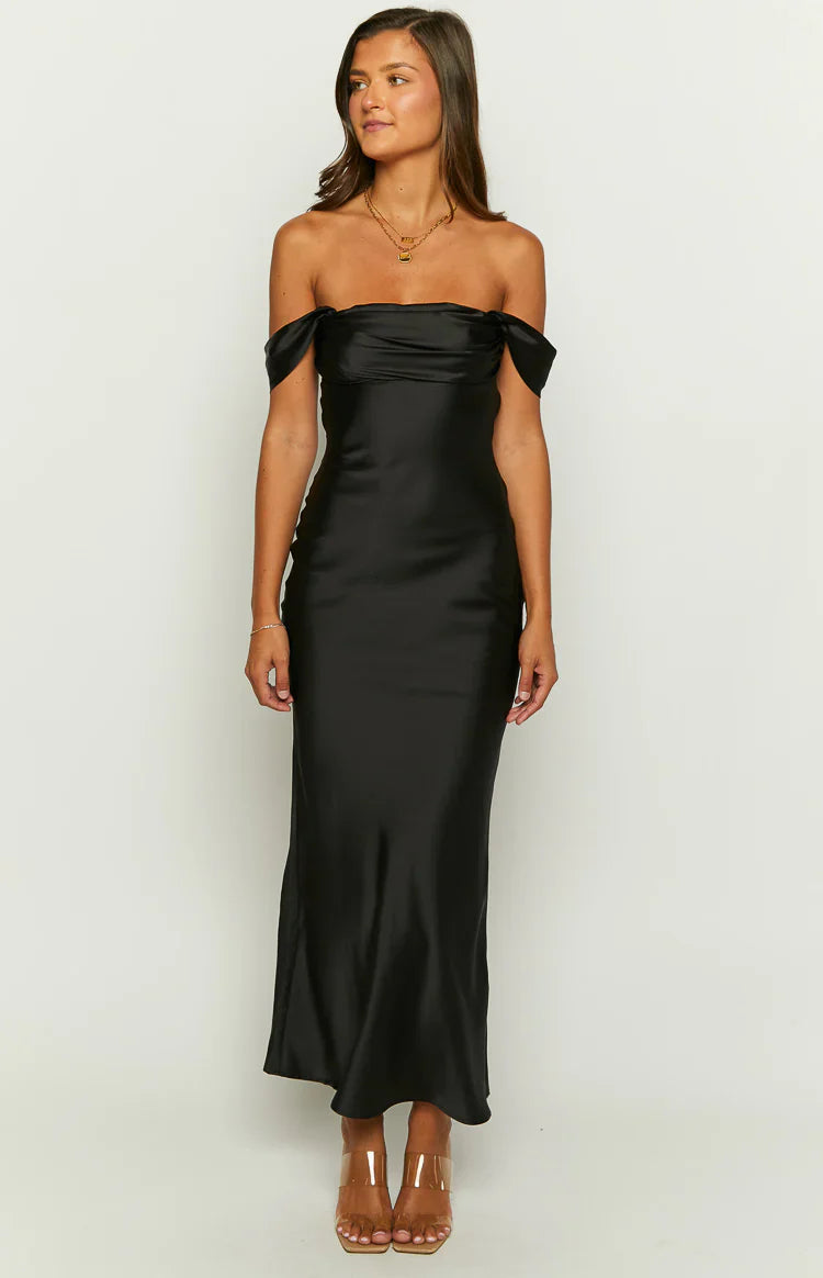 Ella Off Shoulder Formal Maxi Dress | Black