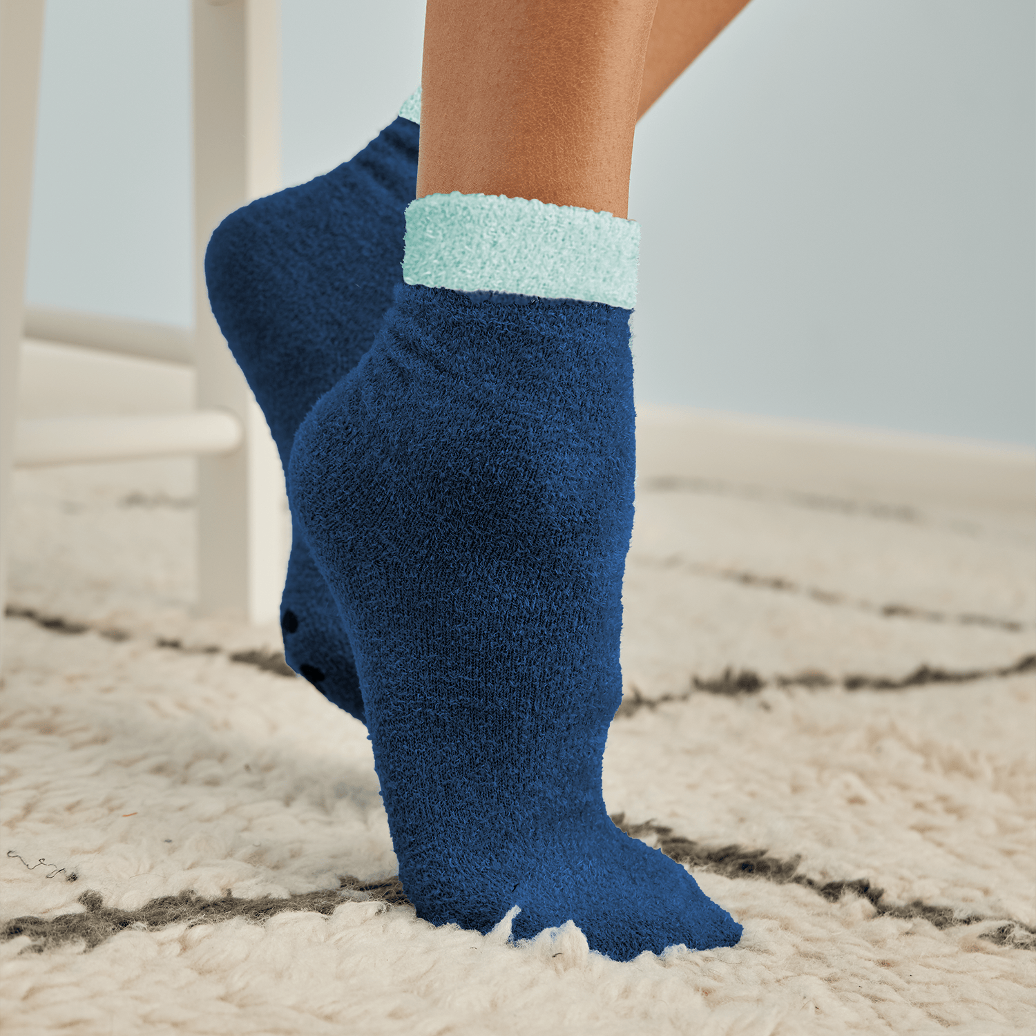 Cozy Fleece Lounge Socks with Silicone Grips | Navy/Mint
