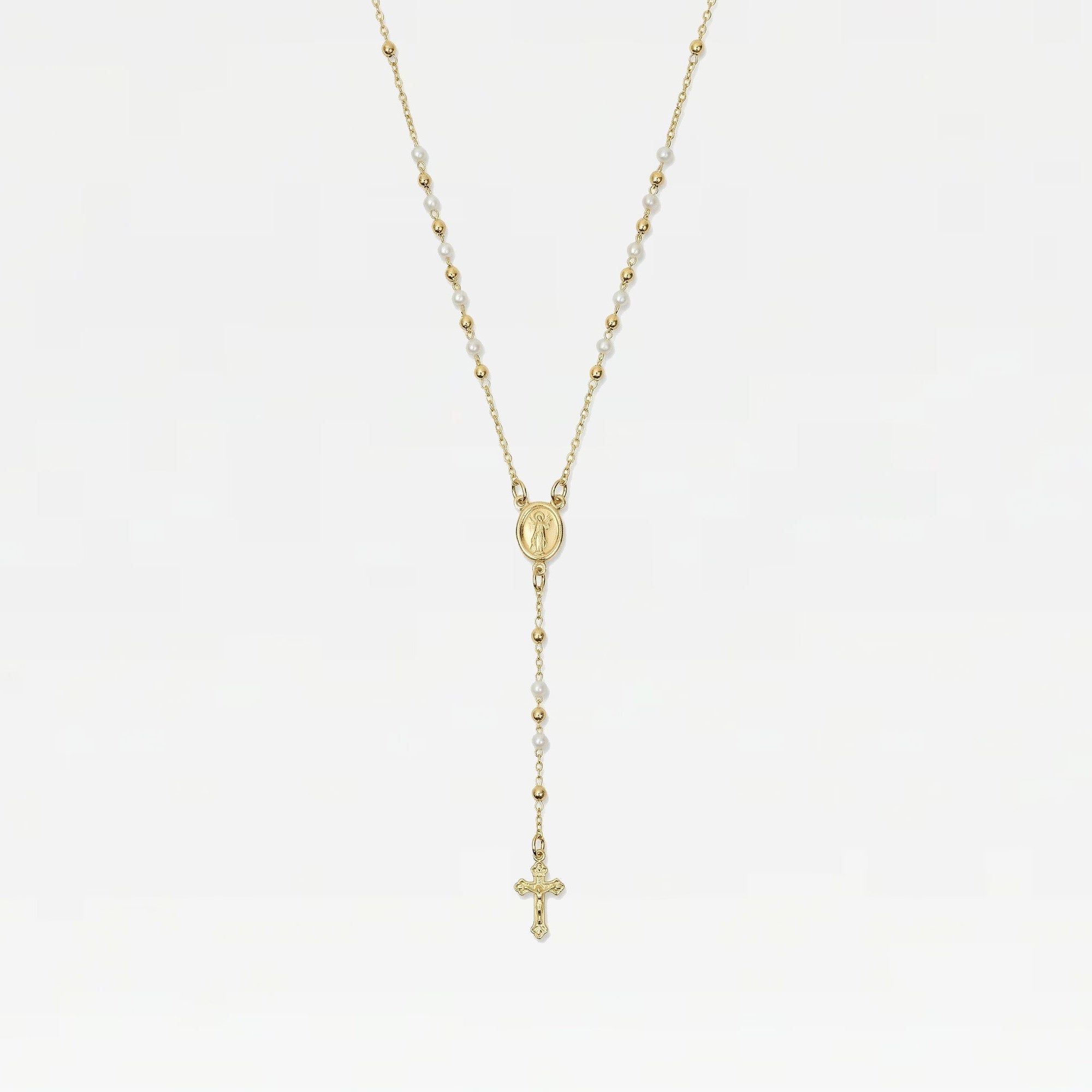 The Pearl Mary Rosary Cross Necklace | Gold